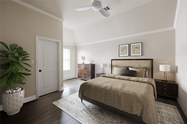 bedroom with ornamental molding, visible vents, baseboards, and wood finished floors