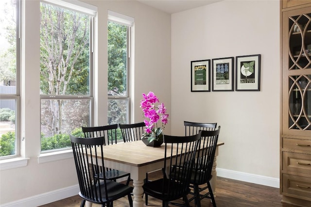 dining room with dark wood-type flooring and baseboards