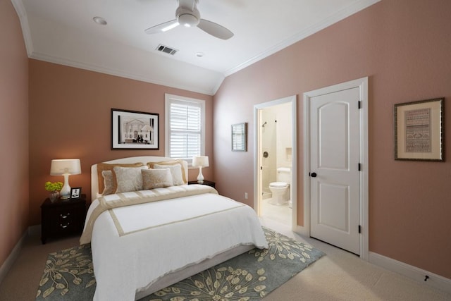 bedroom with light carpet, baseboards, visible vents, vaulted ceiling, and crown molding