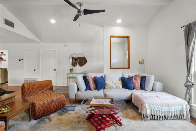 living room featuring recessed lighting, visible vents, ceiling fan, vaulted ceiling, and wood finished floors