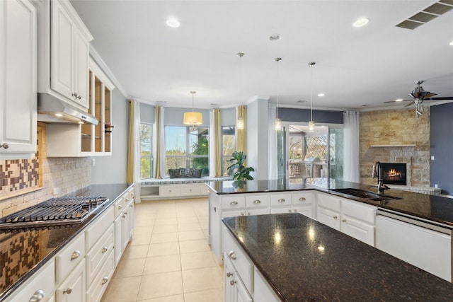 606 Anfield Cir, Austin, TX 78738 - kitchen with stainless steel gas stovetop, dishwasher, under cabinet range hood, light tile patterned flooring, and a stone fireplace