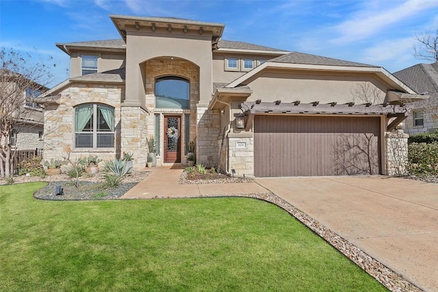 view of front of property featuring concrete driveway, a front yard, stucco siding, a garage, and stone siding