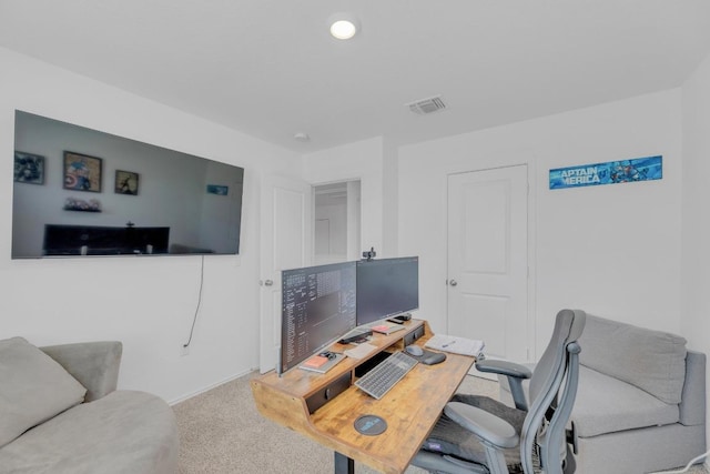 office with carpet floors, recessed lighting, and visible vents