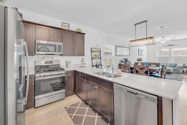 kitchen featuring visible vents, open floor plan, a peninsula, stainless steel appliances, and a sink