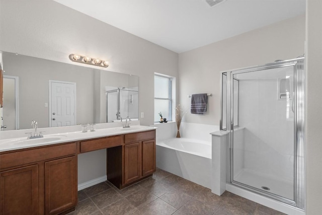 full bathroom featuring double vanity, a sink, a bath, and a shower stall