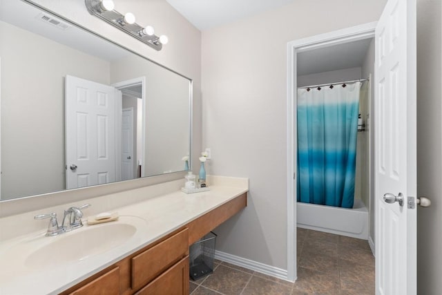 full bathroom with shower / bathtub combination with curtain, visible vents, vanity, and baseboards