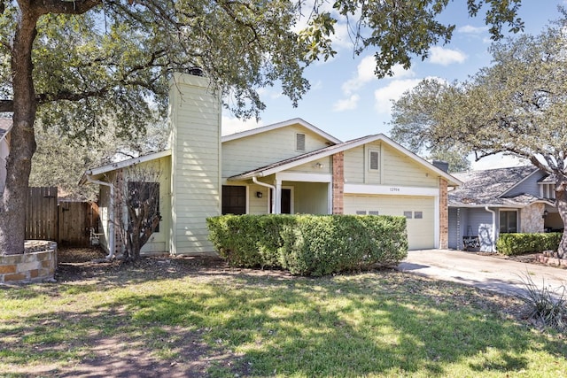 mid-century modern home with a garage, fence, concrete driveway, a front lawn, and a chimney