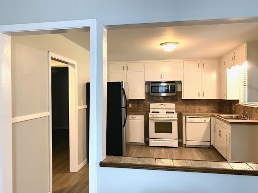 kitchen featuring wood finished floors, stainless steel appliances, tasteful backsplash, and a sink