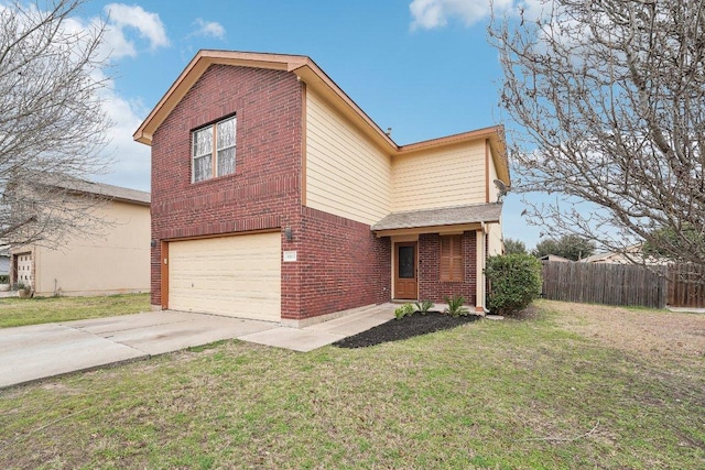 traditional-style home featuring concrete driveway, brick siding, a front yard, and fence