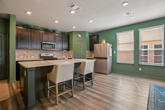 kitchen with visible vents, backsplash, appliances with stainless steel finishes, and a kitchen island with sink