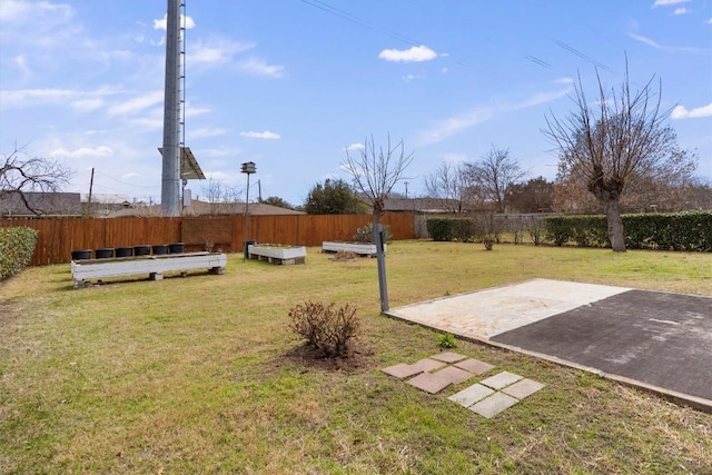 view of yard with a patio area, a fenced backyard, and a vegetable garden