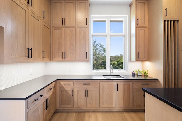 kitchen with light wood-style floors, dark countertops, a sink, and backsplash