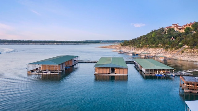 dock area with boat lift and a water view
