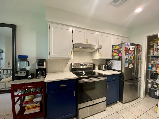 kitchen with stainless steel appliances, visible vents, white cabinetry, blue cabinets, and under cabinet range hood