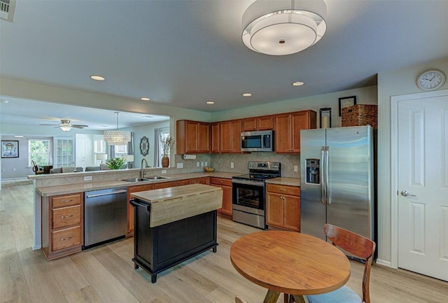 kitchen featuring brown cabinetry, decorative backsplash, appliances with stainless steel finishes, a peninsula, and a sink