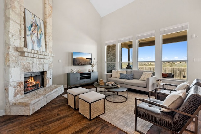 living area featuring high vaulted ceiling, dark wood finished floors, and a stone fireplace