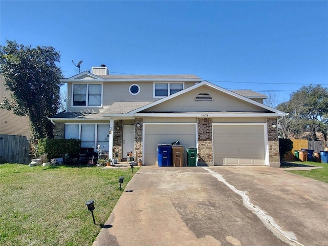 traditional-style house with brick siding, concrete driveway, fence, a garage, and a front lawn