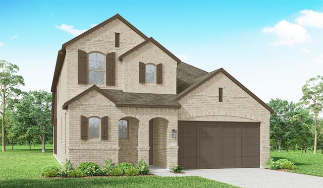 french provincial home with an attached garage, brick siding, roof with shingles, and a front yard