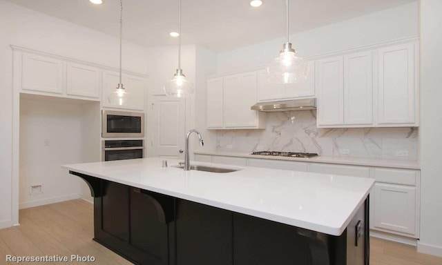 kitchen featuring stainless steel appliances, backsplash, white cabinetry, a sink, and under cabinet range hood