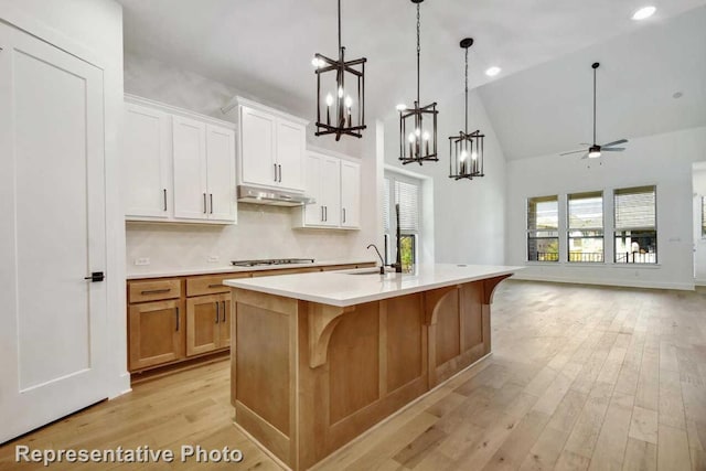 kitchen featuring open floor plan, light countertops, under cabinet range hood, a kitchen island with sink, and light wood-style floors