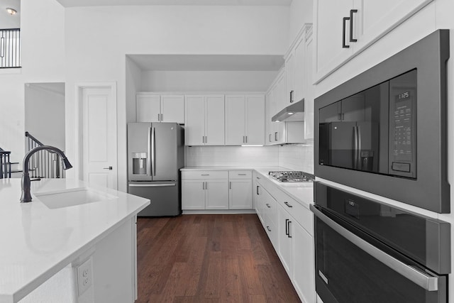 kitchen with stainless steel appliances, white cabinets, a sink, and under cabinet range hood