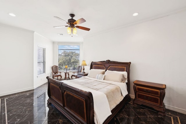 bedroom featuring recessed lighting, marble finish floor, visible vents, and baseboards