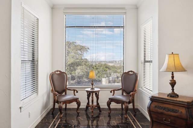 living area featuring baseboards and crown molding