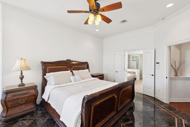 bedroom with baseboards, marble finish floor, visible vents, and crown molding