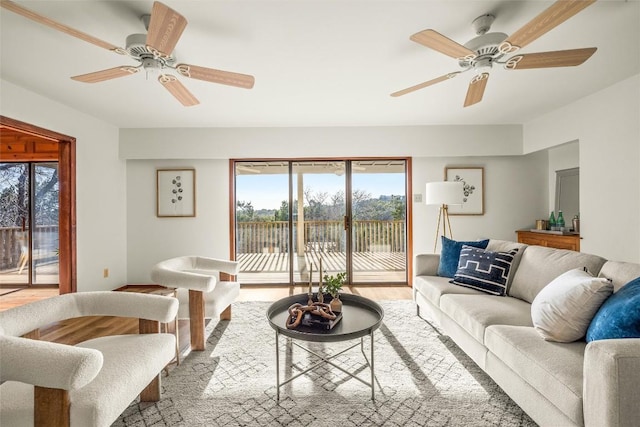 living room featuring ceiling fan and wood finished floors