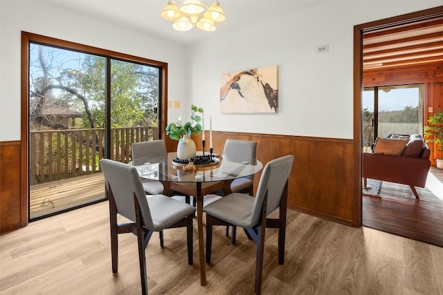 dining room featuring light wood-type flooring, wooden walls, a notable chandelier, and wainscoting