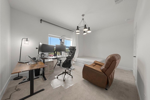 home office with a notable chandelier, visible vents, carpet flooring, and baseboards