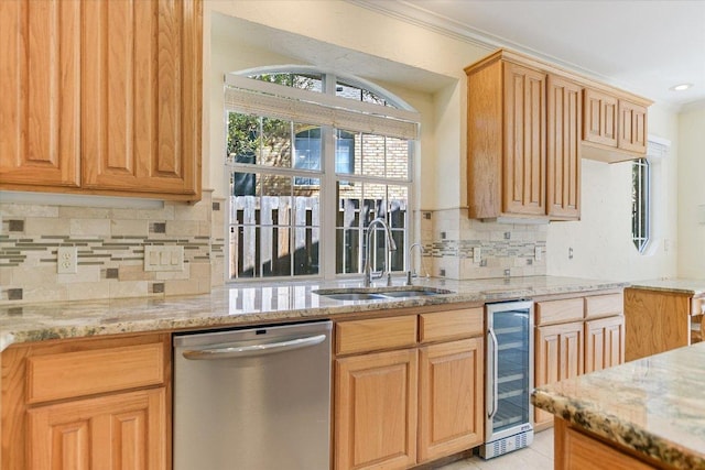 kitchen with wine cooler, light stone countertops, crown molding, stainless steel dishwasher, and a sink