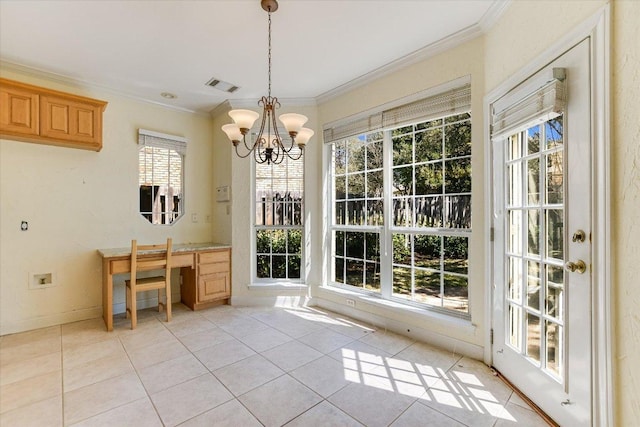 unfurnished dining area with light tile patterned floors, baseboards, visible vents, ornamental molding, and an inviting chandelier