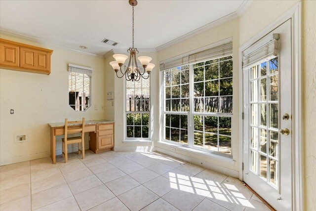 10513 Indigo Broom Loop, Austin, TX 78733 - dining room featuring crown molding, a chandelier, light tile patterned floors, and an office area