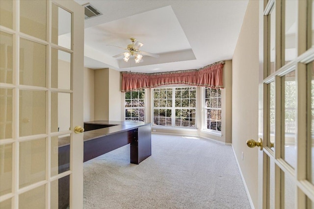10513 Indigo Broom Loop, Austin, TX 78733 - unfurnished office featuring carpet floors, french doors, a raised ceiling, and ceiling fan