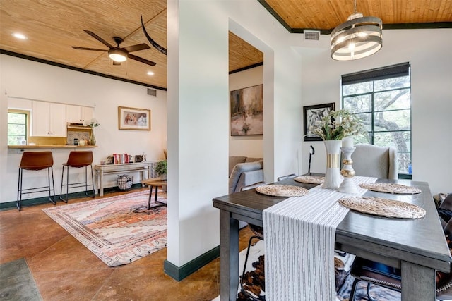 dining area with wooden ceiling, visible vents, a ceiling fan, and recessed lighting