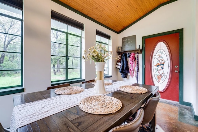 dining area featuring lofted ceiling and wood ceiling