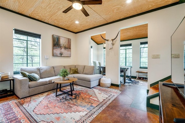 living room featuring baseboards, recessed lighting, wood ceiling, and crown molding