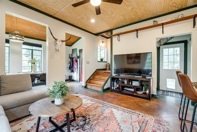 living area featuring stairs, a ceiling fan, wood ceiling, and baseboards