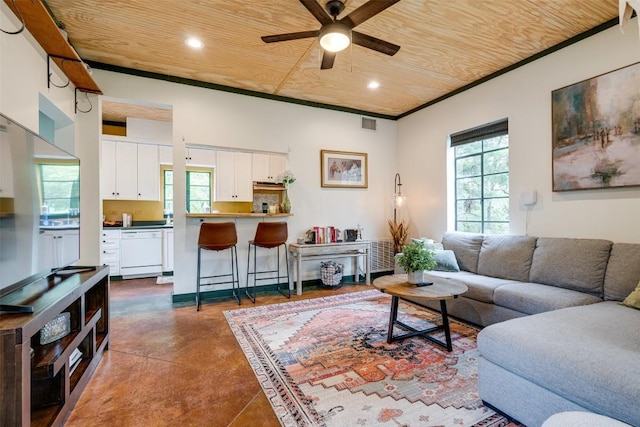 living area featuring ornamental molding, recessed lighting, wooden ceiling, and ceiling fan