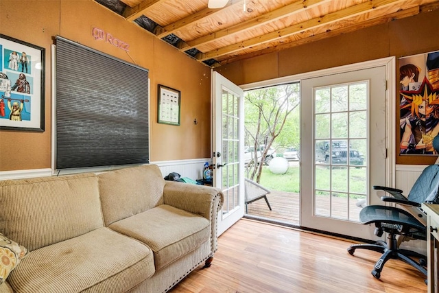 interior space featuring wooden ceiling and beamed ceiling