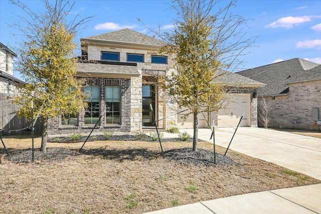 view of front of property featuring driveway, stone siding, an attached garage, and roof with shingles