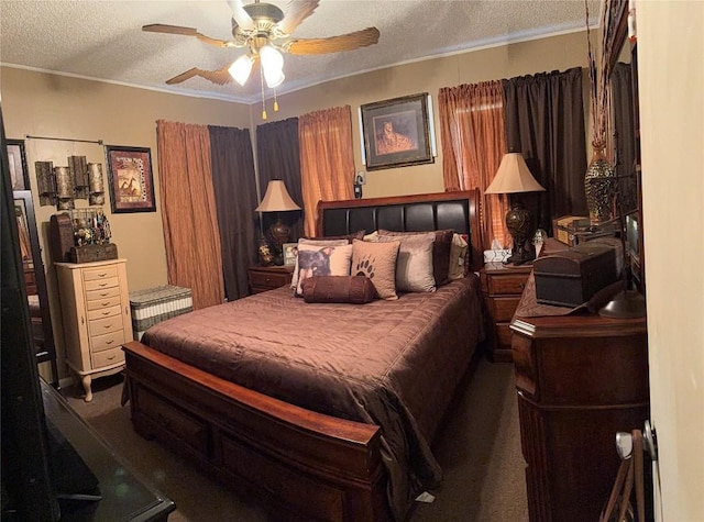 bedroom featuring a textured ceiling, ceiling fan, and crown molding