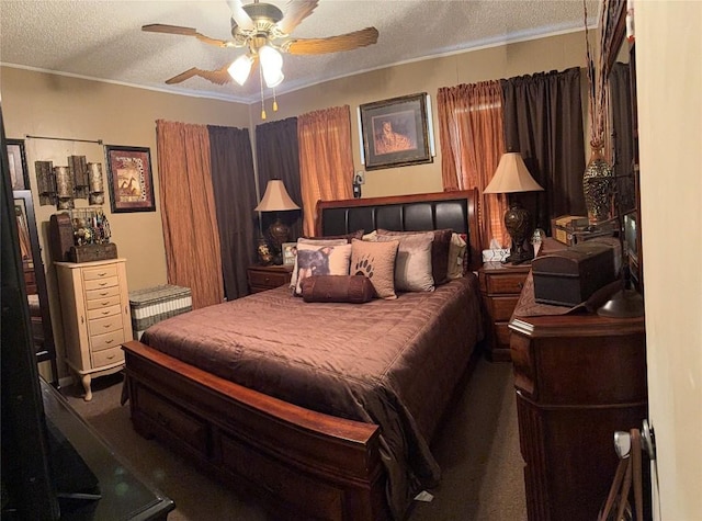 1804 Davis St, Taylor, TX 76574 - bedroom with carpet flooring, a textured ceiling, ornamental molding, and ceiling fan