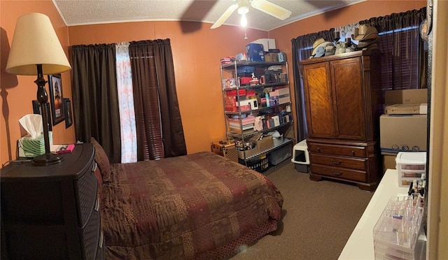 carpeted bedroom with a ceiling fan, lofted ceiling, and a textured ceiling