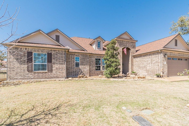 view of front of property featuring brick siding, an attached garage, and a front lawn