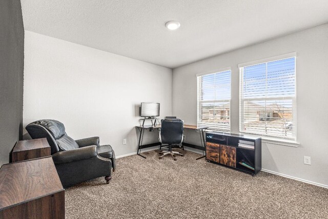 carpeted home office featuring baseboards