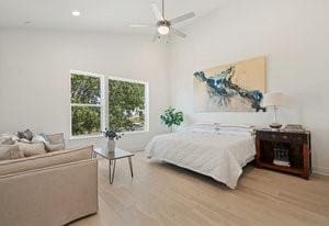 bedroom featuring recessed lighting, ceiling fan, and wood finished floors