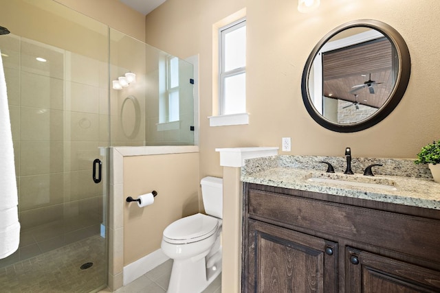 bathroom with tile patterned floors, vanity, toilet, and a shower stall