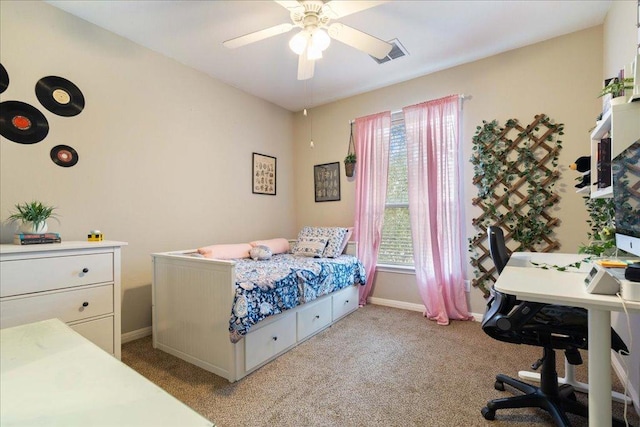 bedroom featuring visible vents, ceiling fan, light carpet, and baseboards